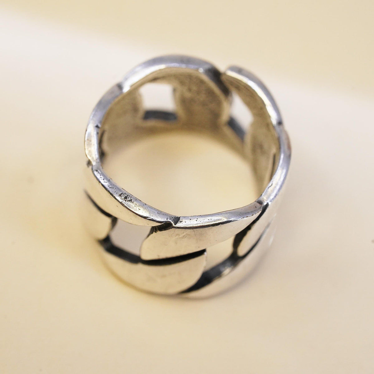 Size 6, Sterling Silver 925 Wide Open Link Chain Ring, Chunky Modernist Band