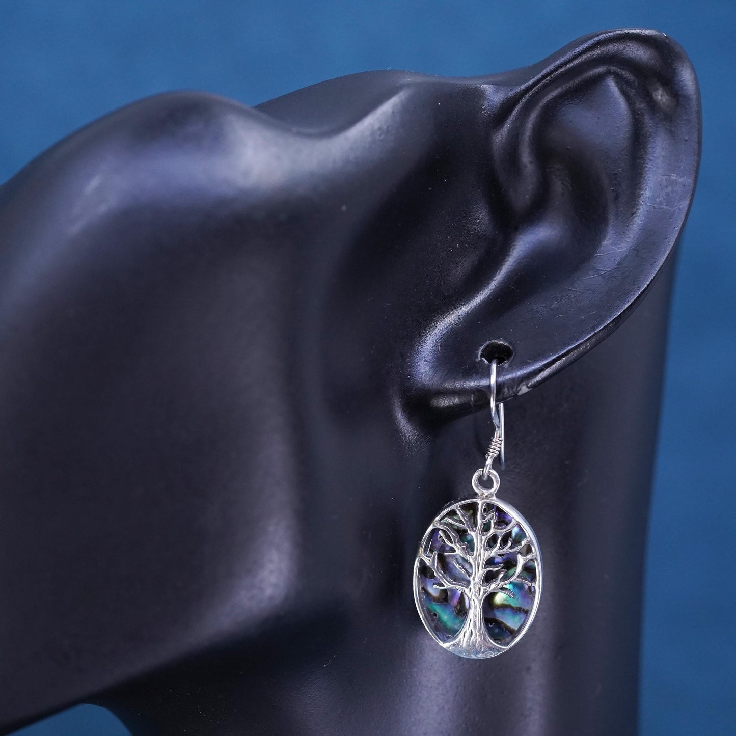 Vintage Sterling Silver 925 handmade oval tree earrings with abalone inlay