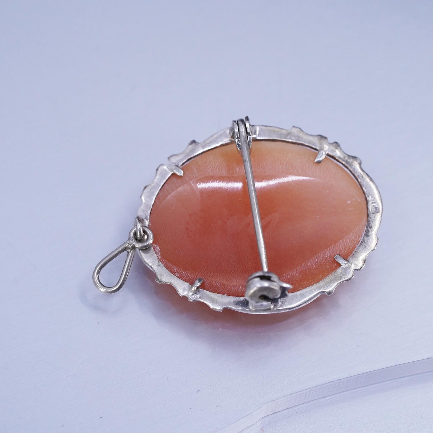 Vintage Sterling 925 silver handmade brooch pendant w/ agate carved cameo girl