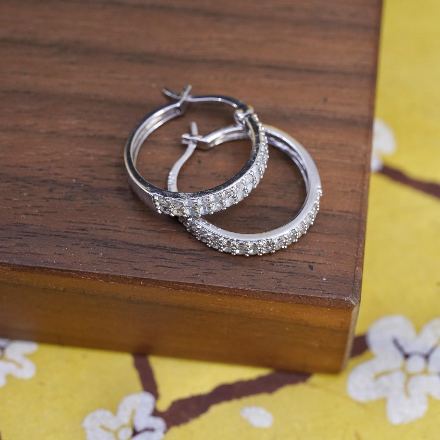 0.75", vintage Sterling silver hoop earrings, 925 huggie with cluster diamonds