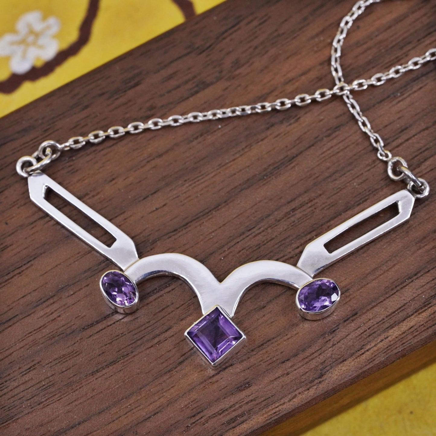 16", vintage sterling silver necklace, 925 circle chain with amethyst pendant