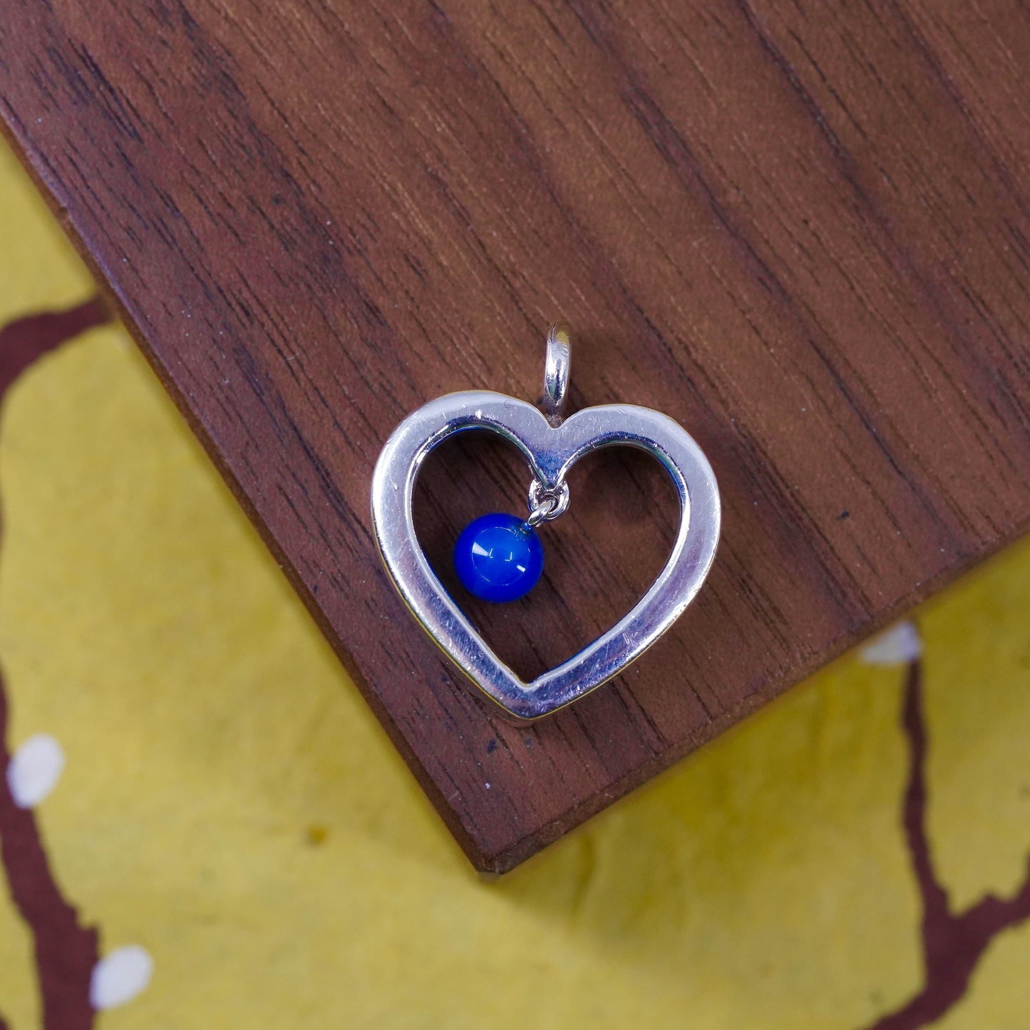 Vintage designer Sterling silver pendant, 925 heart charm with chalcedony bead