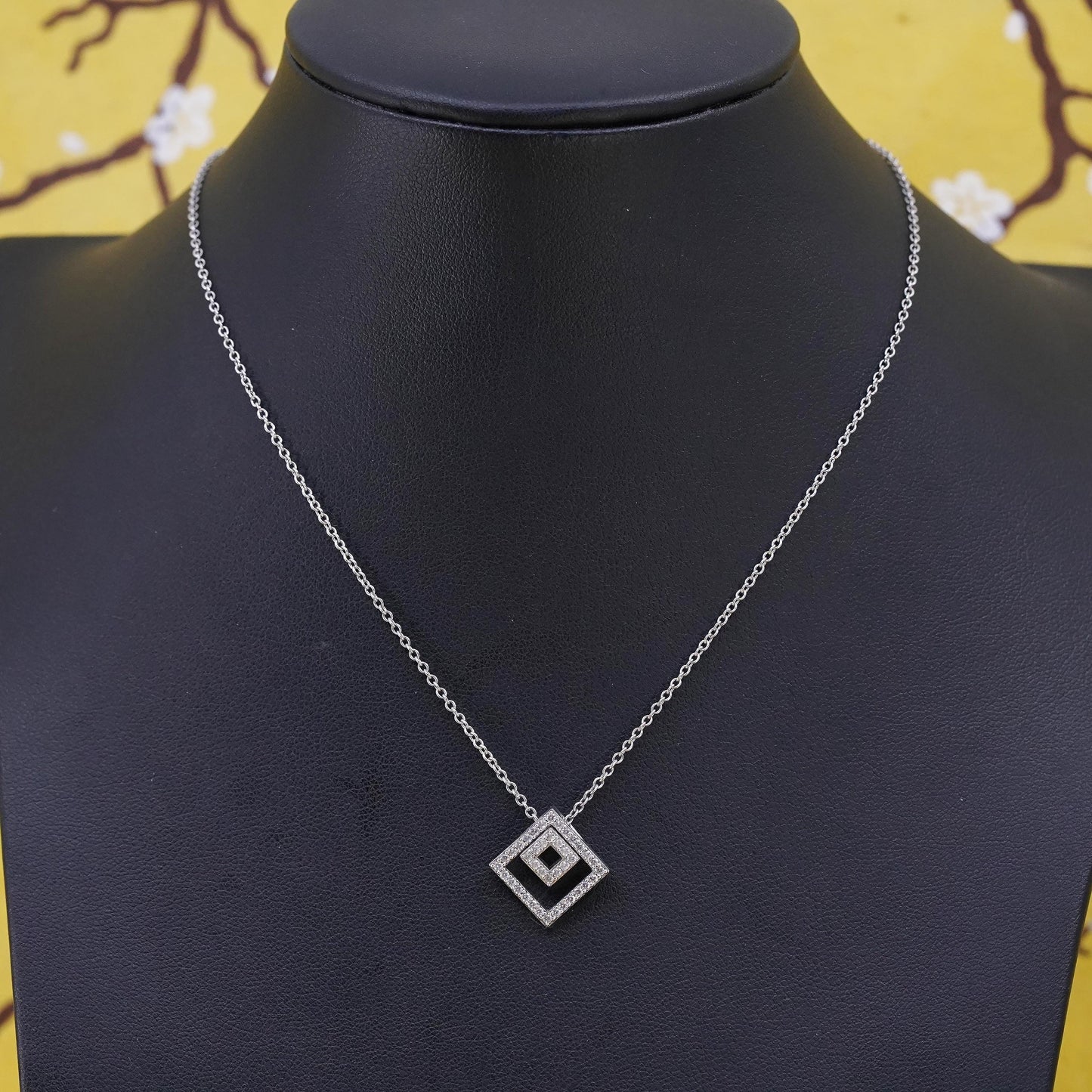 15+3” Vintage TCS Sterling 925 silver circle necklace double square cz pendant