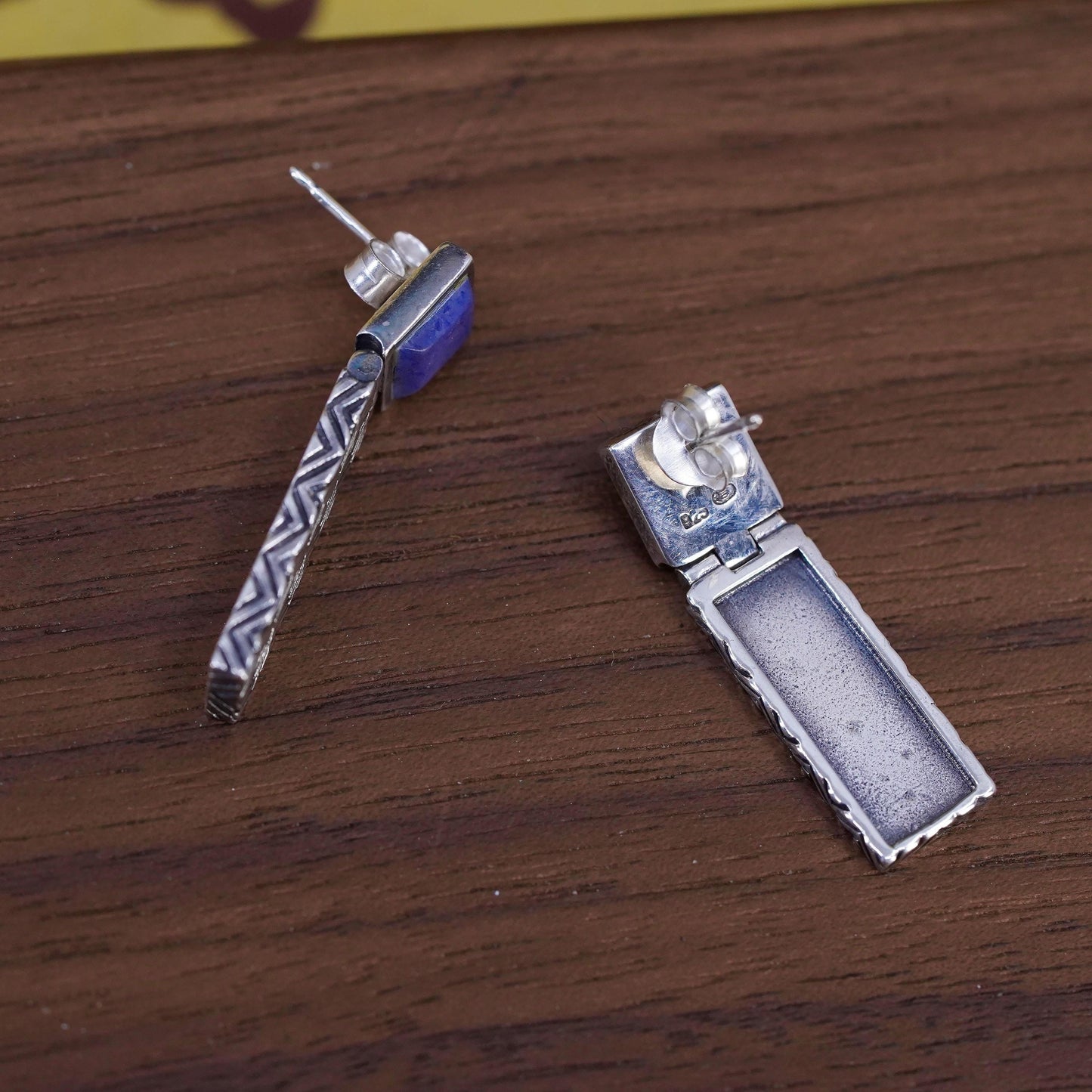 Designer sterling 925 silver textured rugtangular earrings lapis lazuli square