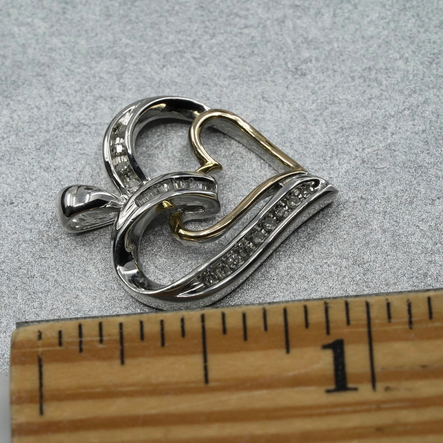 two tone sterling 925 silver double heart pendant with diamond 10K yellow gold