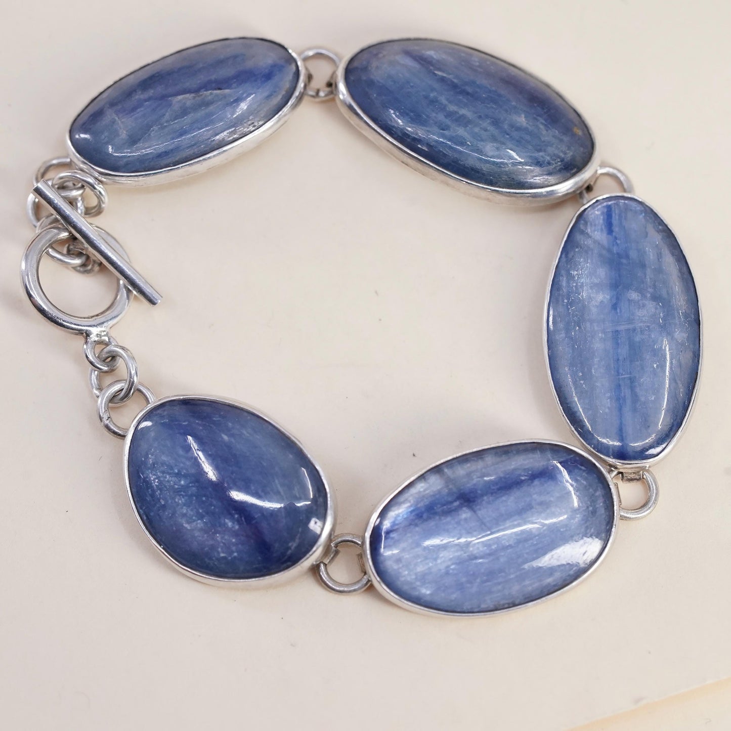 7”, Sterling 925 Silver Blue Kyanite Bracelet, Oval Kyanite Cabochon chain