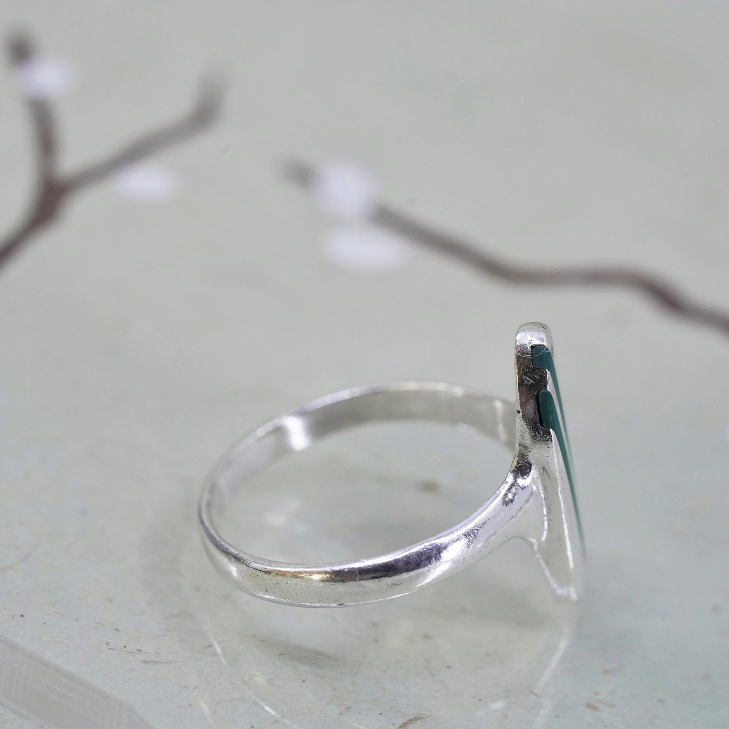 Size 7.75, Sterling silver ring, geometric 925 silver with malachite inlay