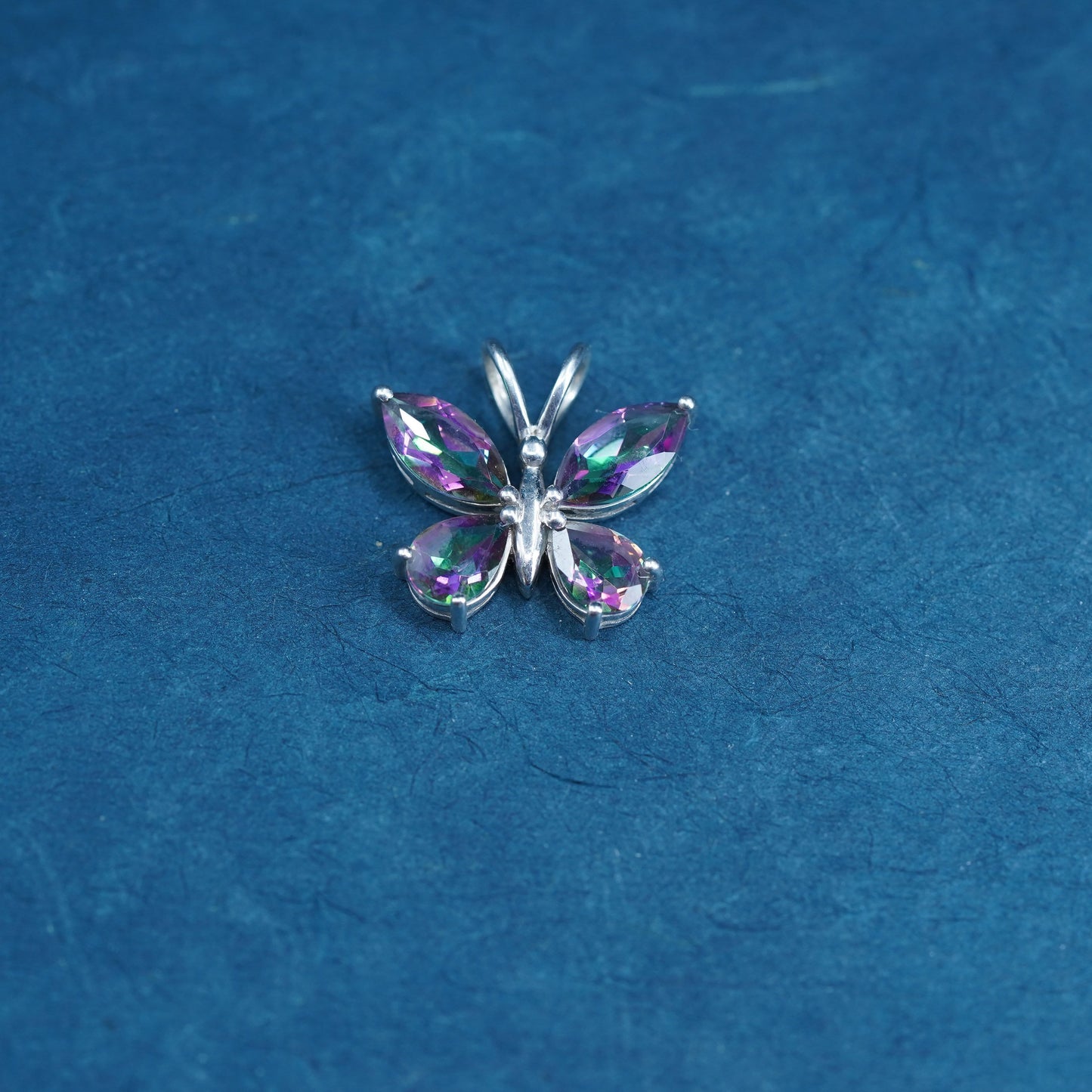Vintage Sterling 925 silver handmade butterfly pendant with rainbow topaz