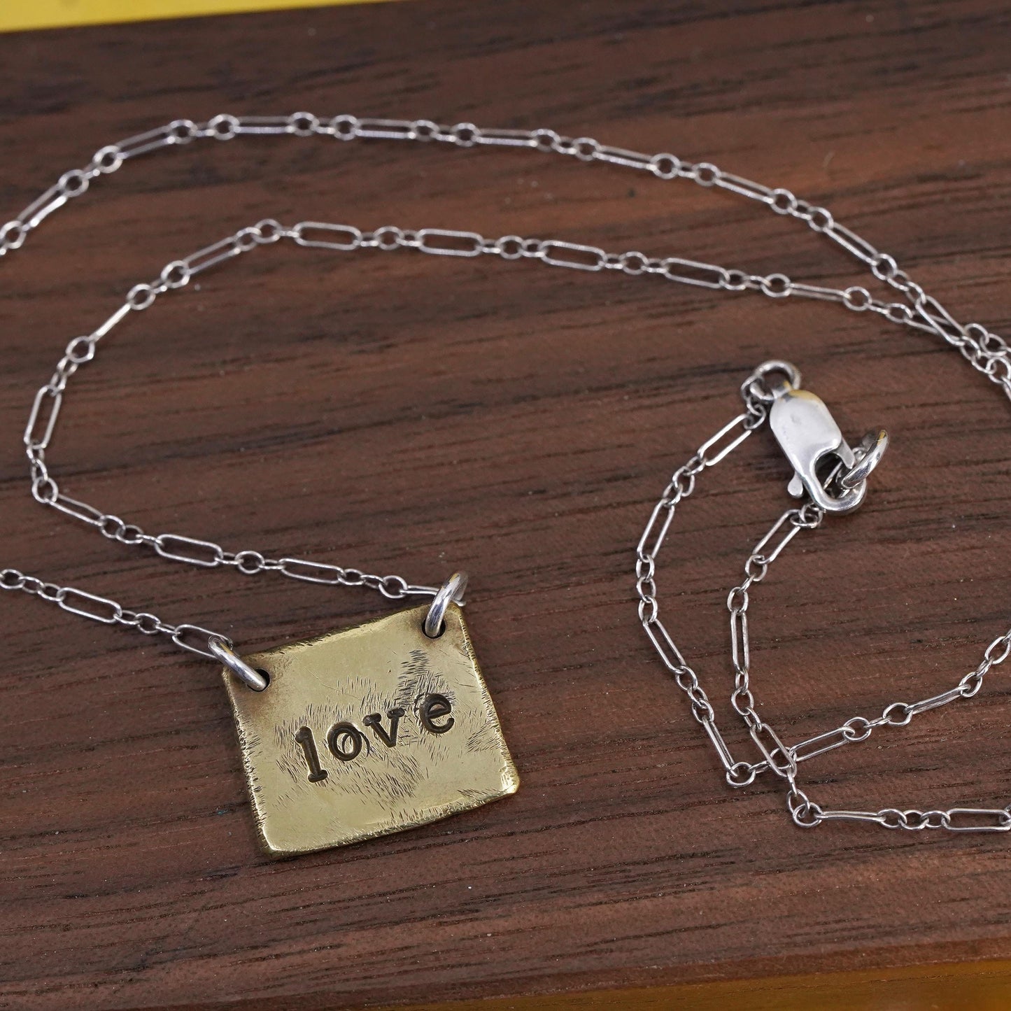 16”, vintage Sterling silver necklace, 925 elongated chain brass tag pendant