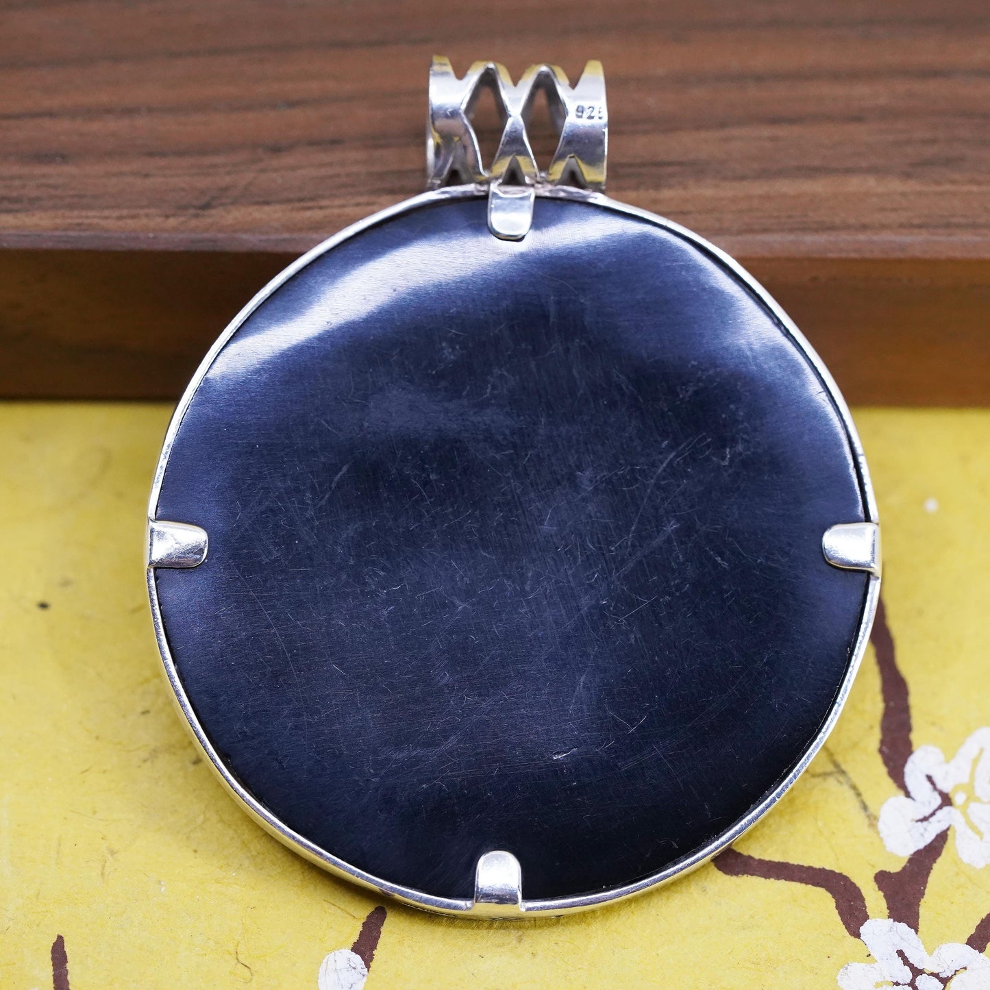 Vintage Sterling silver handmade pendant, 925 frame with red fossil shell