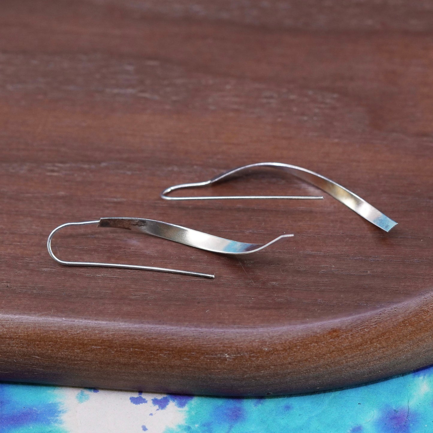 vintage Sterling silver handmade earrings, wavy 925 long drops