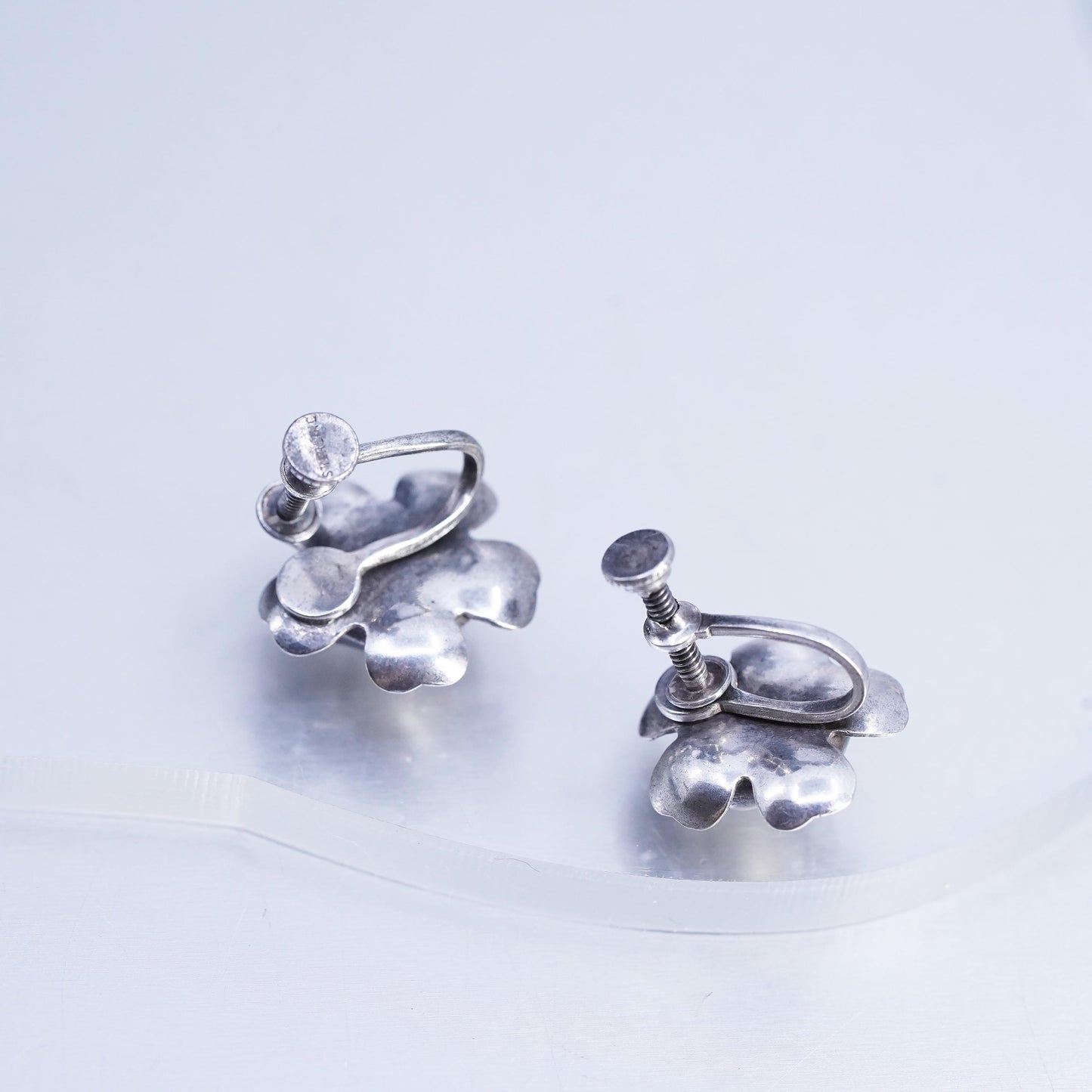 Vintage Sterling 925 silver handmade earrings, screw back flower