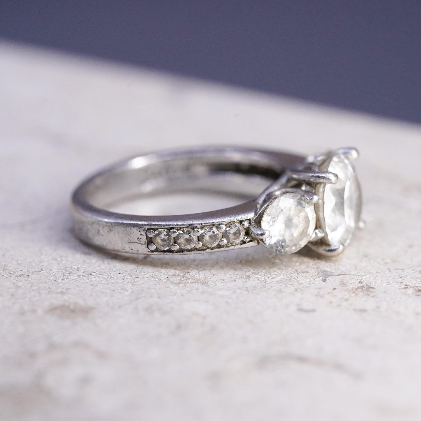 Size 6, vintage Sterling 925 silver engagement ring with cluster Cz around