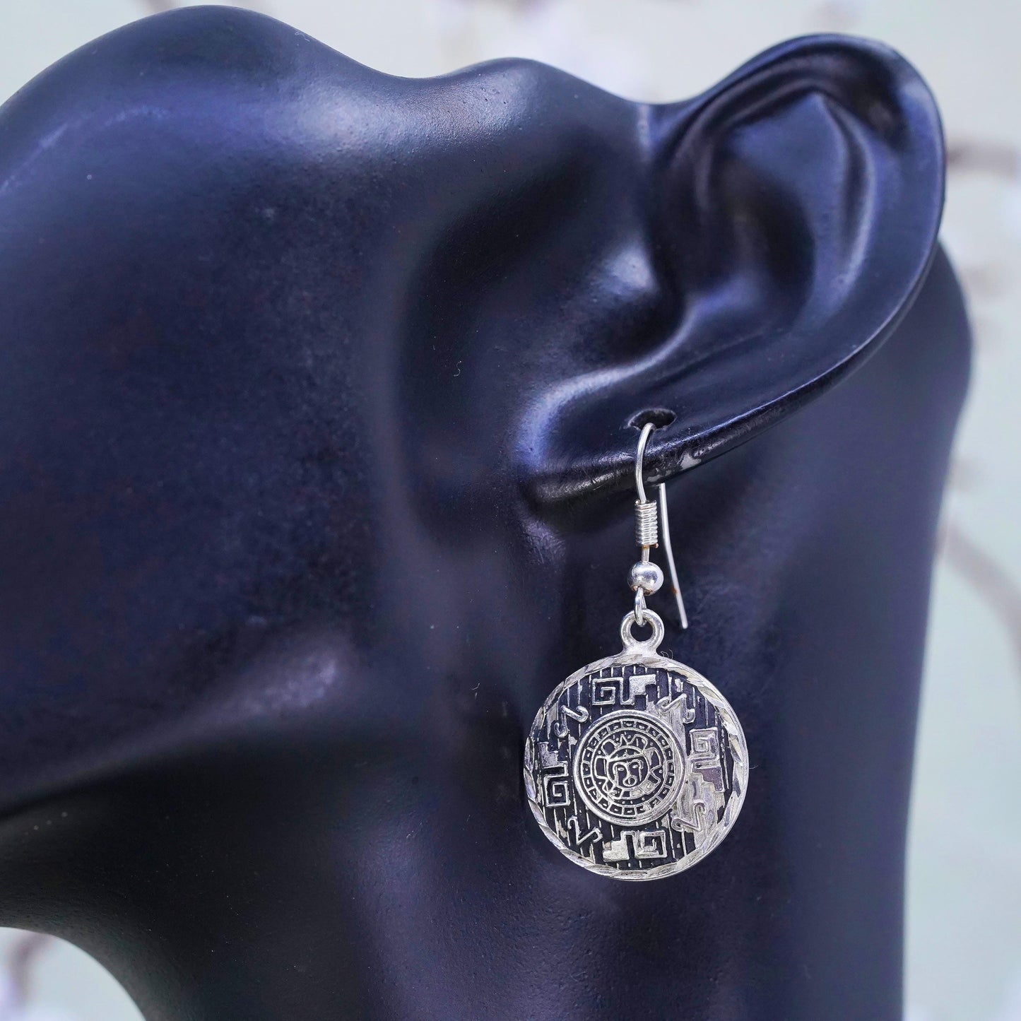 Vintage sterling silver handmade earrings, 925 circle with Mayan calendar