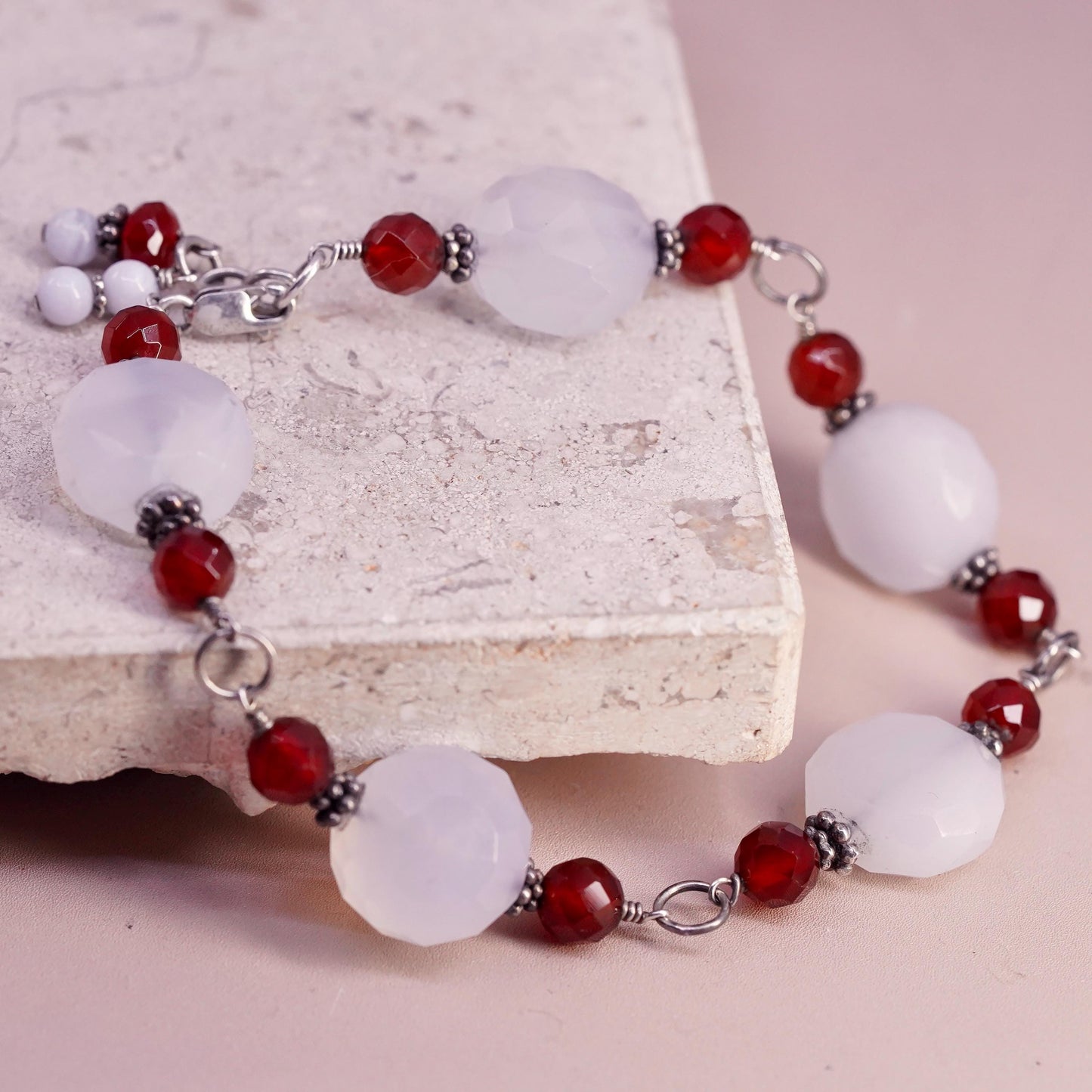 6.75”, vtg sterling silver handmade bracelet, 925 w/ turquoise N carnelian bead
