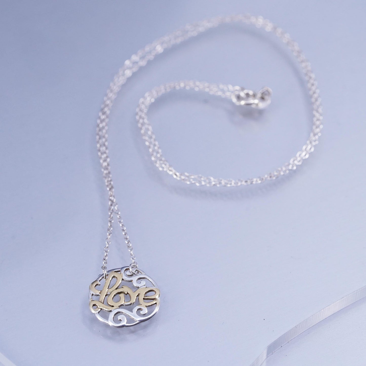18”, vintage two tone Sterling silver necklace, 925 circle chain with Love pendant