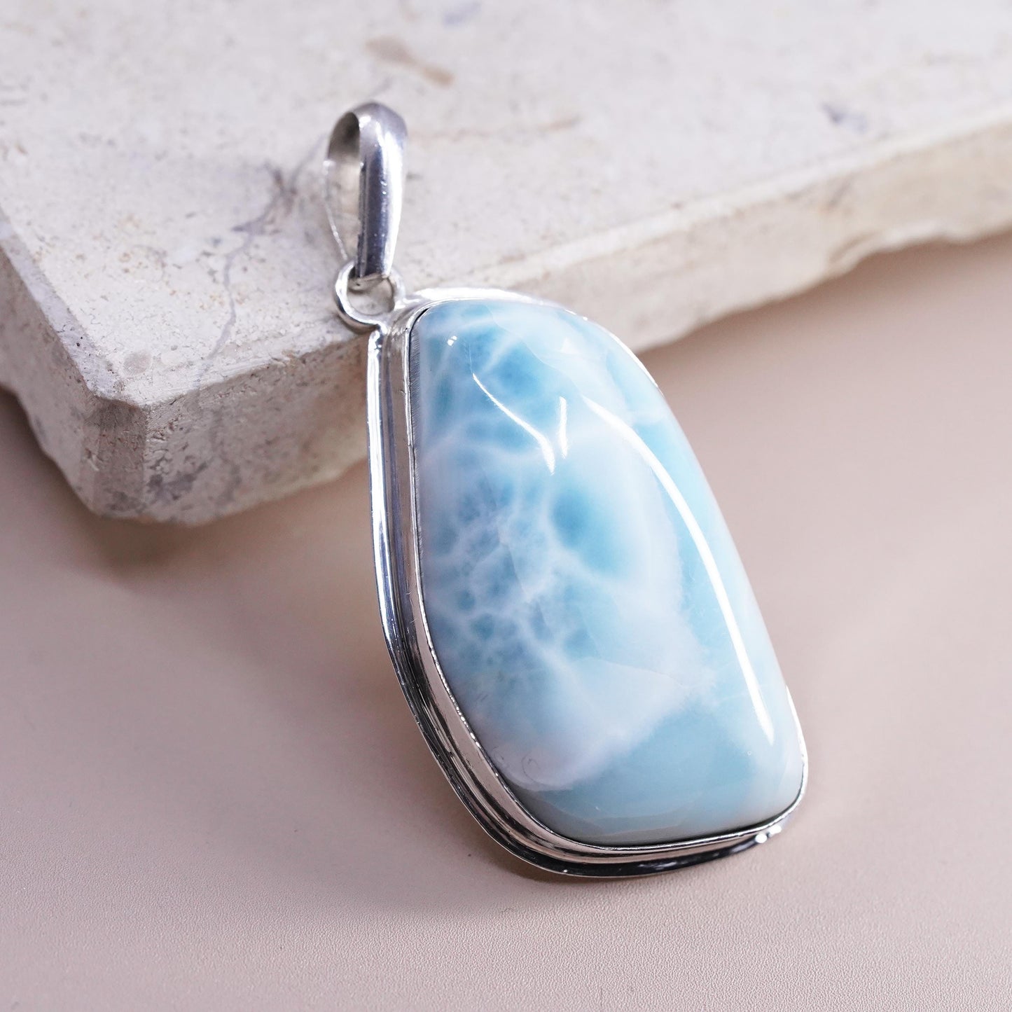 Vintage Sterling 925 Silver Handmade huge Pendant with larimar