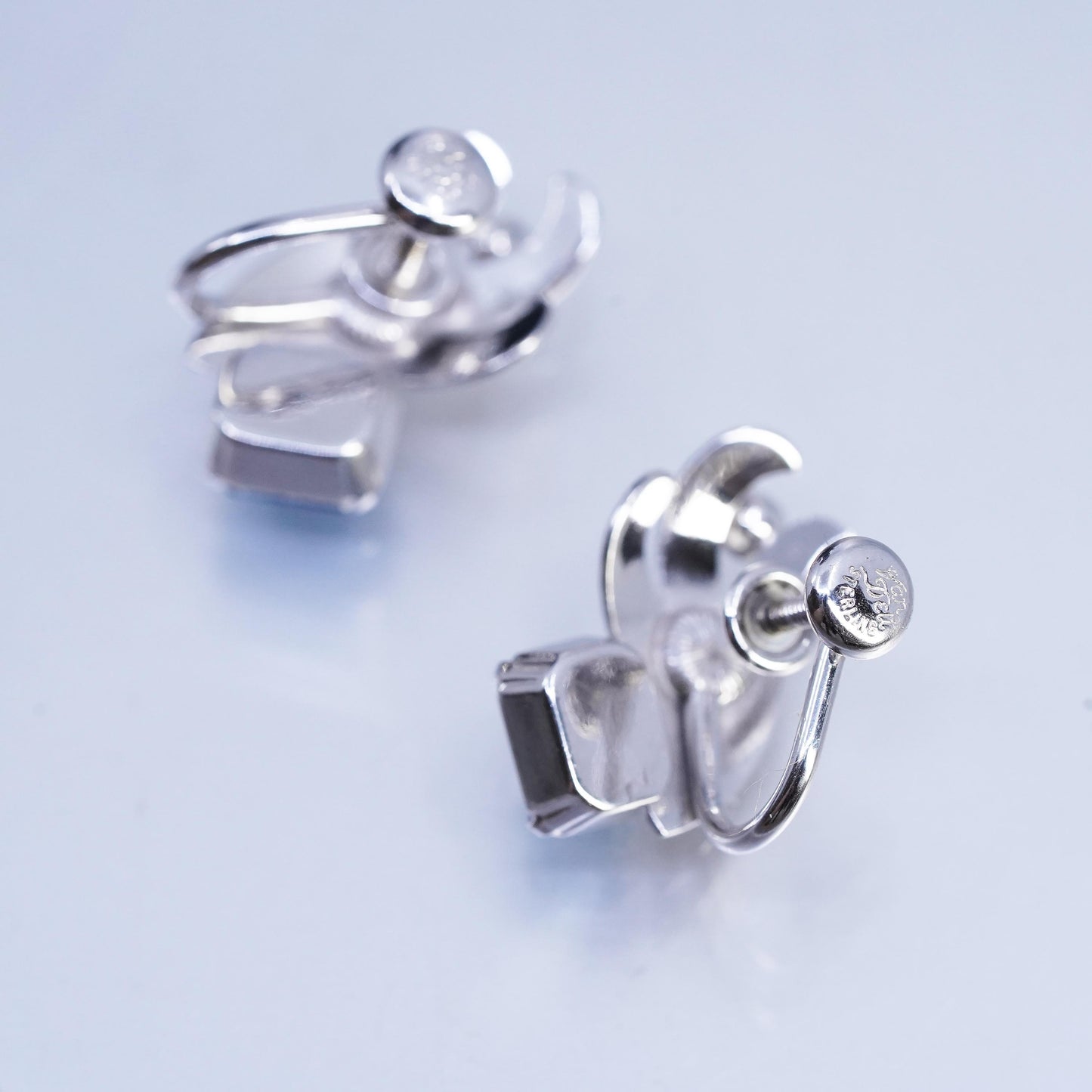 Vintage Vandell Sterling 925 silver earrings, screw back floral blue rhinestone