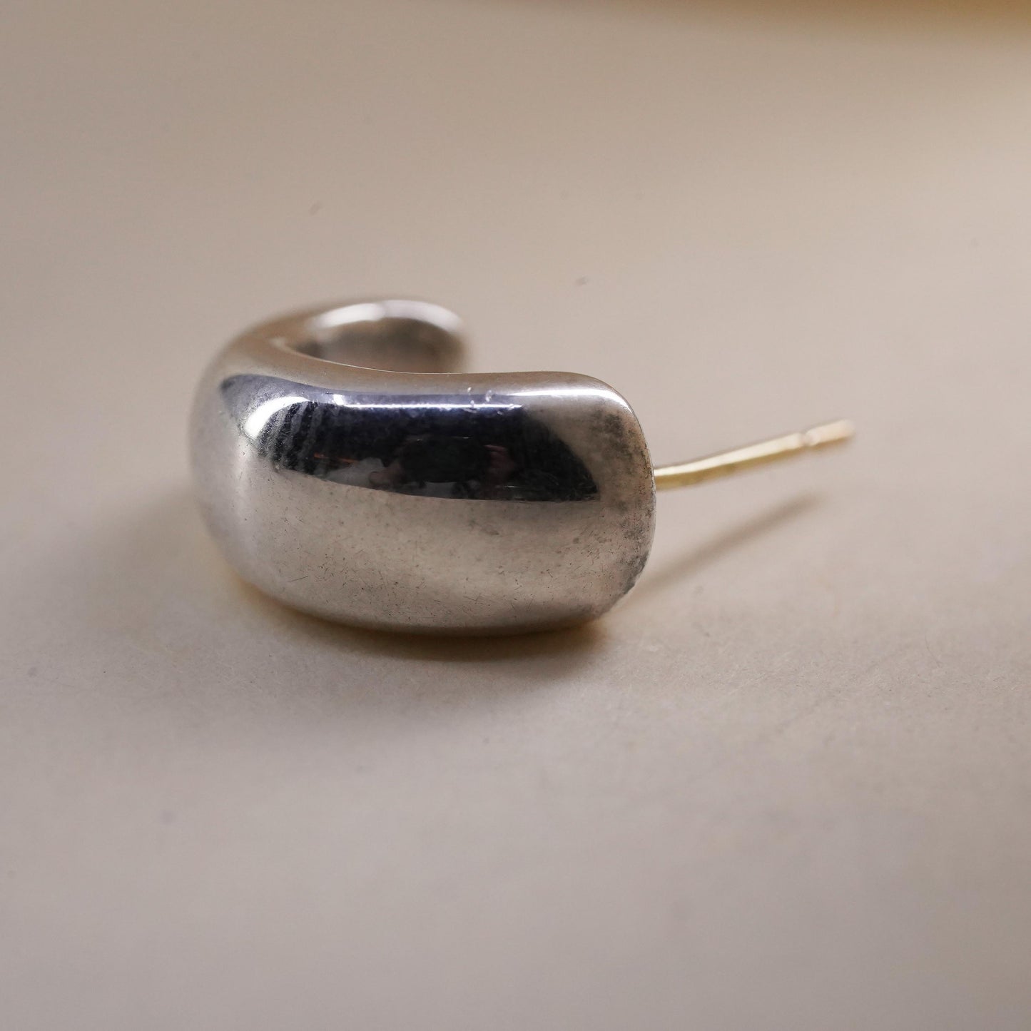 modern single 1 earring. Sterling 925 silver huggie stud 14K yellow gold post