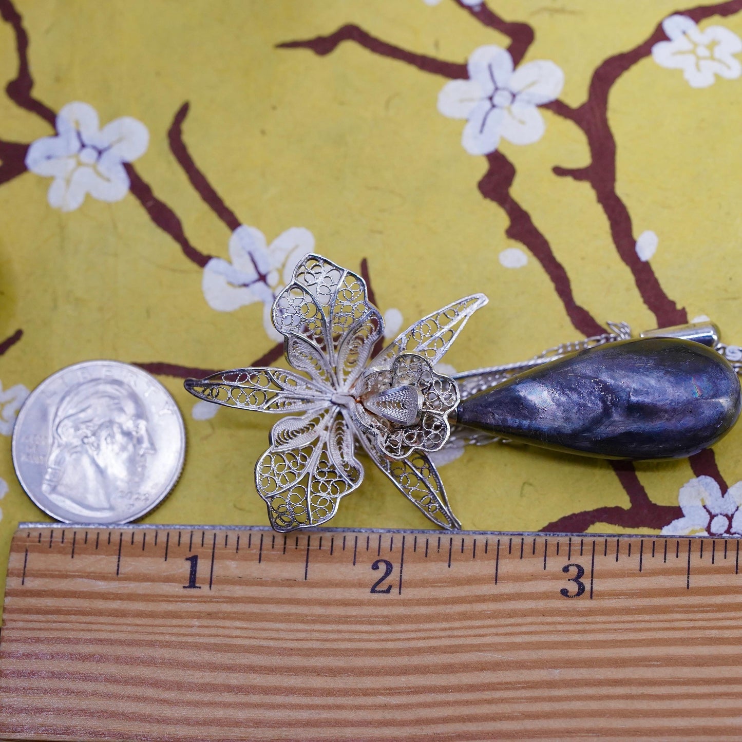 VTG sterling 925 silver filigree lily flower pin brooch teardrop gray tiger eye