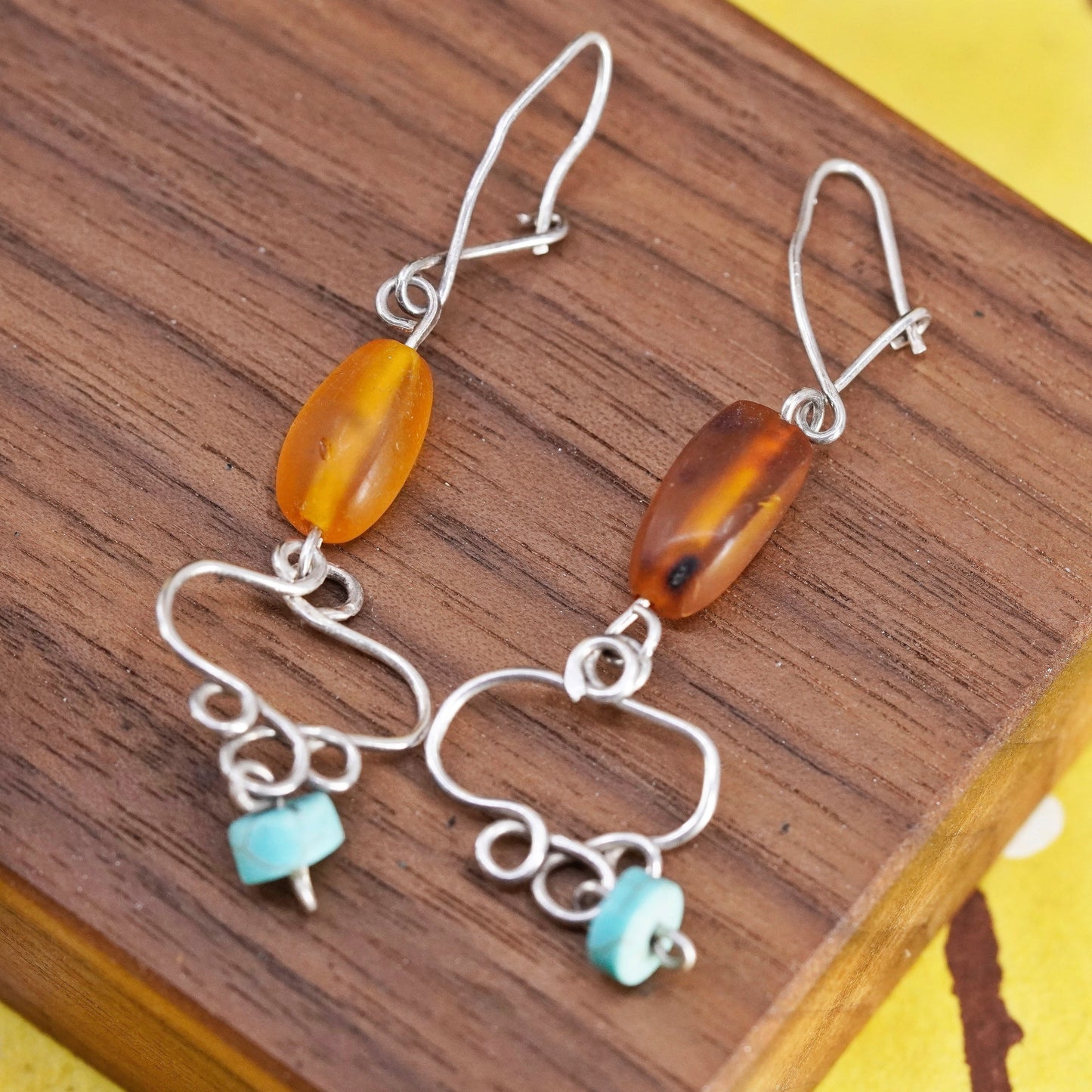 Vintage Sterling 925 silver handmade earrings with Amber nugget and turquoise