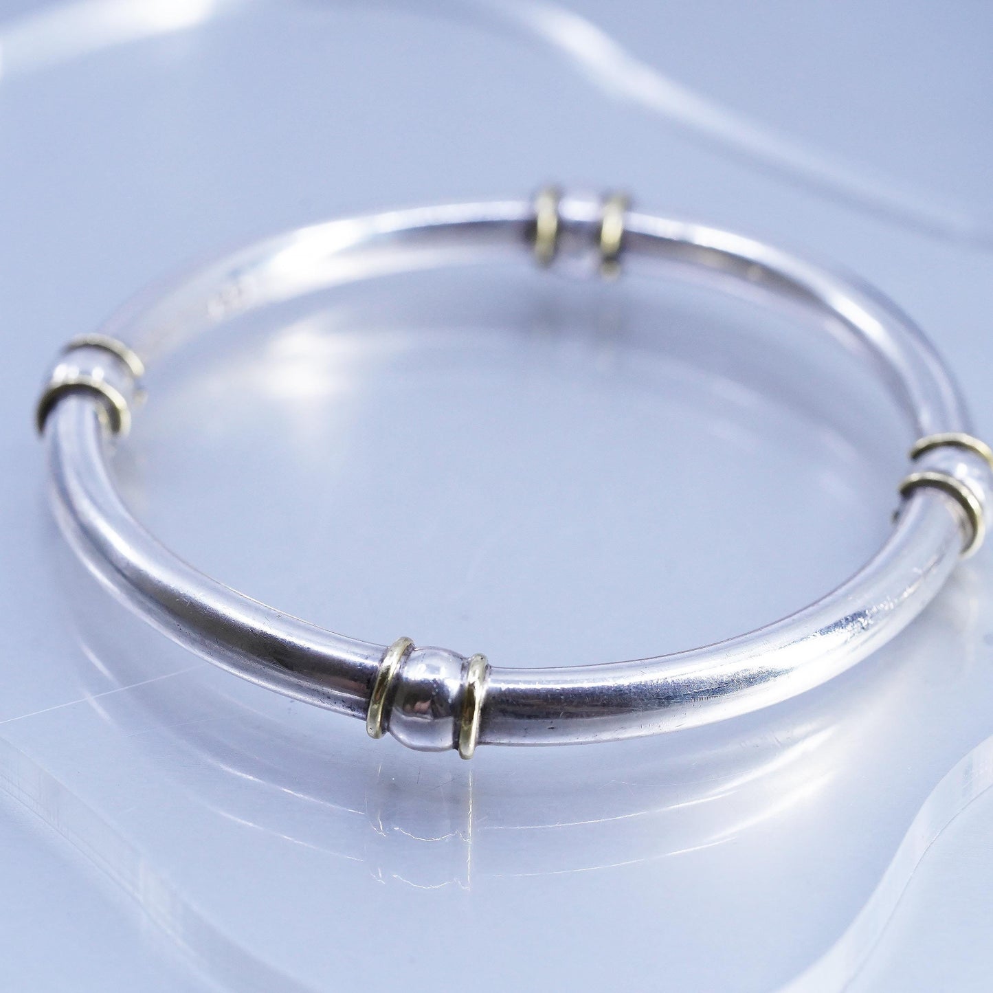 8", Mexican 925 Sterling Silver Bangle, Brass Bead Cuff, Taxco slide Bracelet