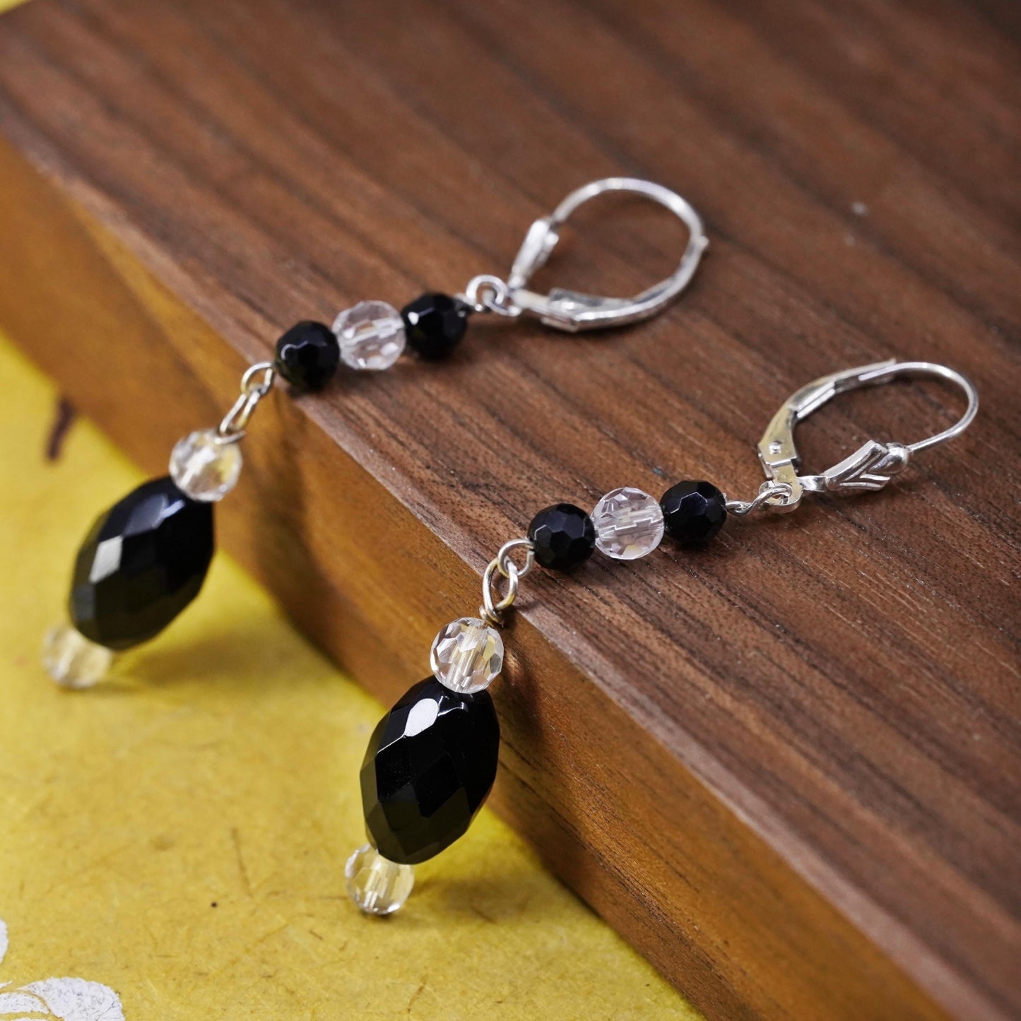 Vintage Sterling 925 silver handmade earrings with obsidian crystal lever back
