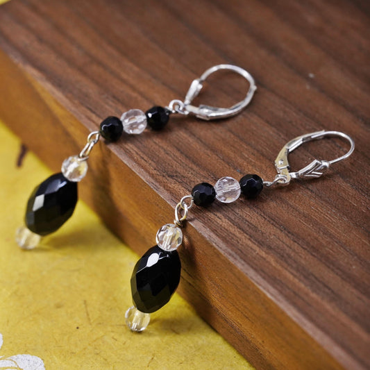 Vintage Sterling 925 silver handmade earrings with obsidian crystal lever back