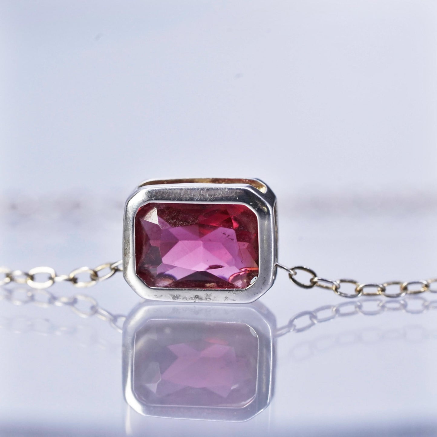 16+2”, vintage Sterling 925 silver flatten circle necklace with pendant pink Cz