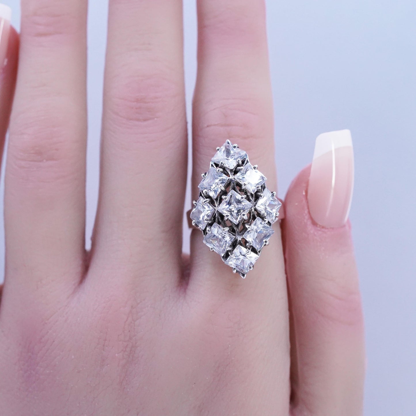 Size 7.5, vintage Sterling 925 silver handmade wide band ring with cluster Cz