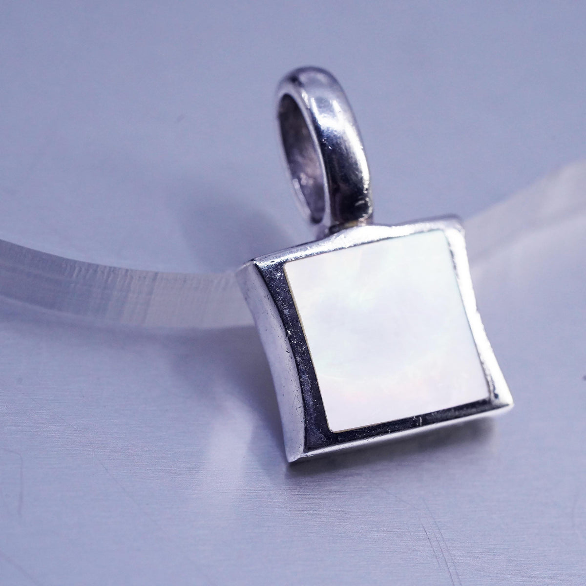 Vintage sterling 925 silver square pendant with mother of pearl inlay