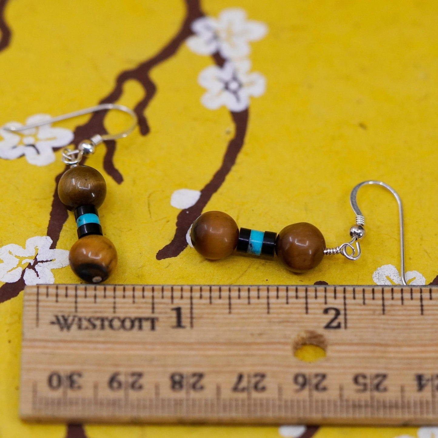 Vintage Sterling 925 silver handmade earrings with golden tiger eye beads