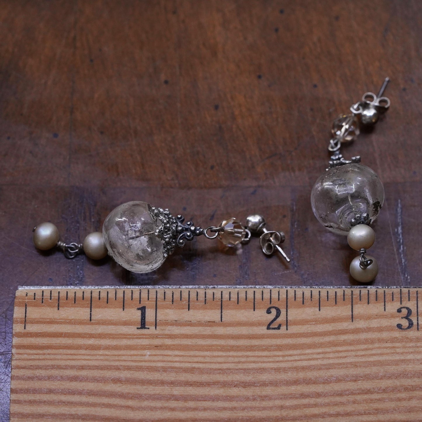 Vintage Sterling silver handmade earrings, solid 925 silver glass beads