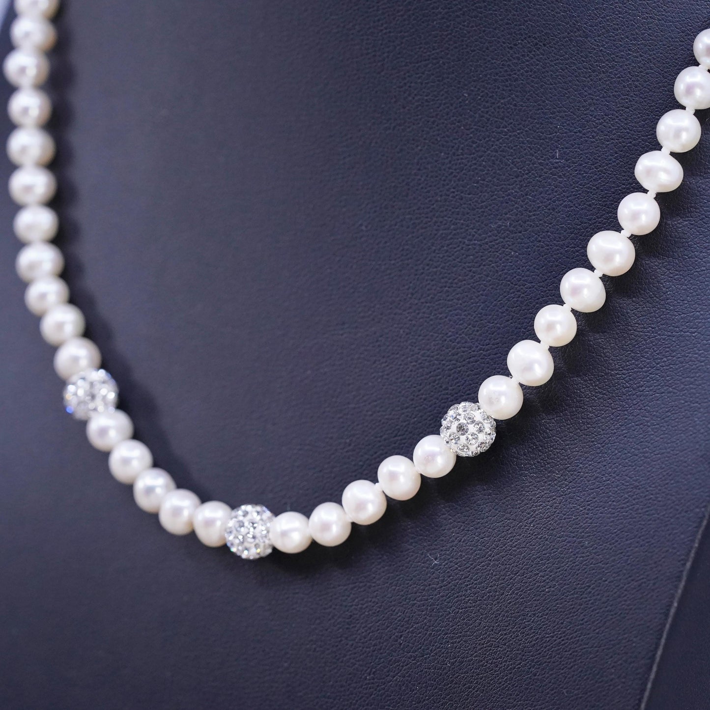 18", vintage Sterling 925 silver necklace 6mm freshwater pearl cluster cz beads