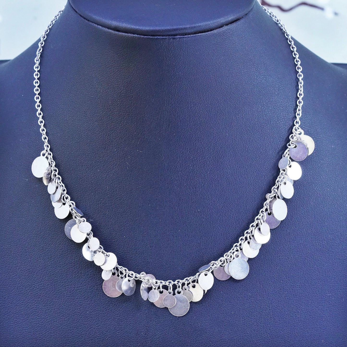 15", vintage Sterling 925 Silver handmade circle Necklace cluster disc charms
