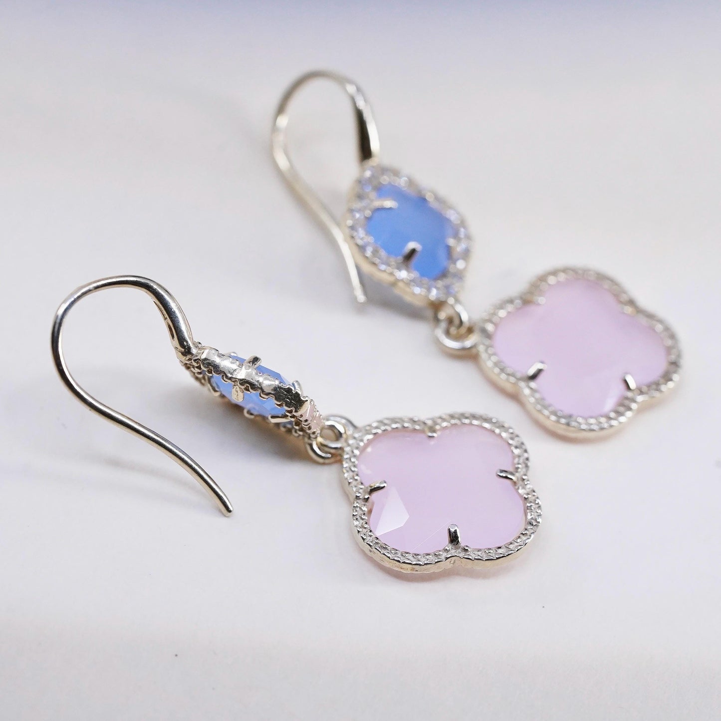 Italian yellow gold plated Sterling Silver Blue Pink Chalcedony Clover Earrings