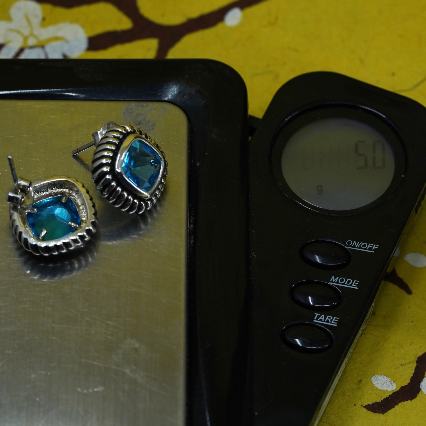 Vintage Sterling silver handmade earrings, 925 rubber studs with blue topaz