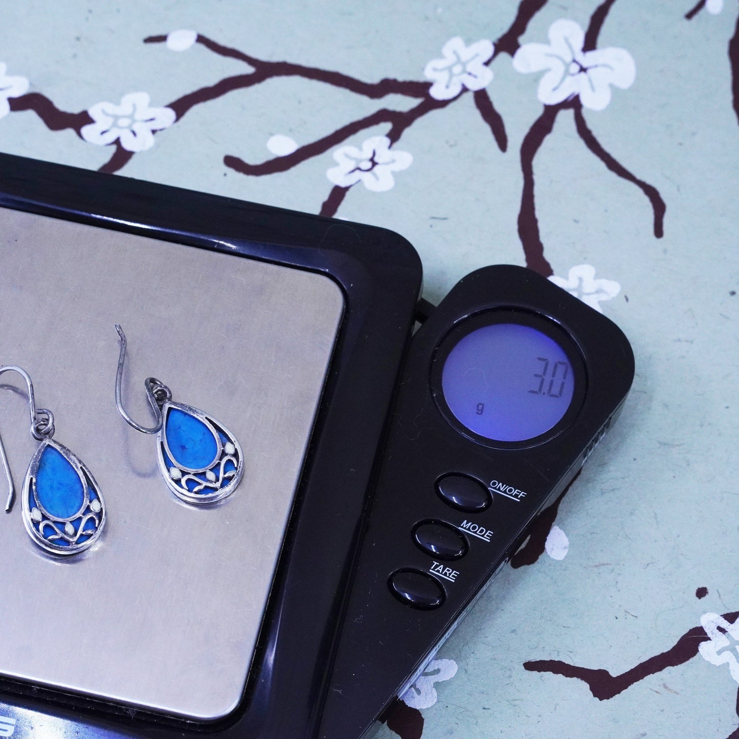Vintage sterling 925 silver handmade teardrop earrings with blue turquoise
