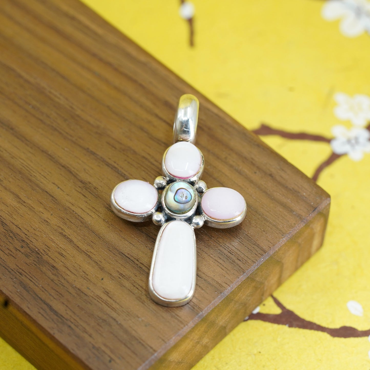 Sterling 925 silver handmade cross pendant with pink mother of pearl, abalone