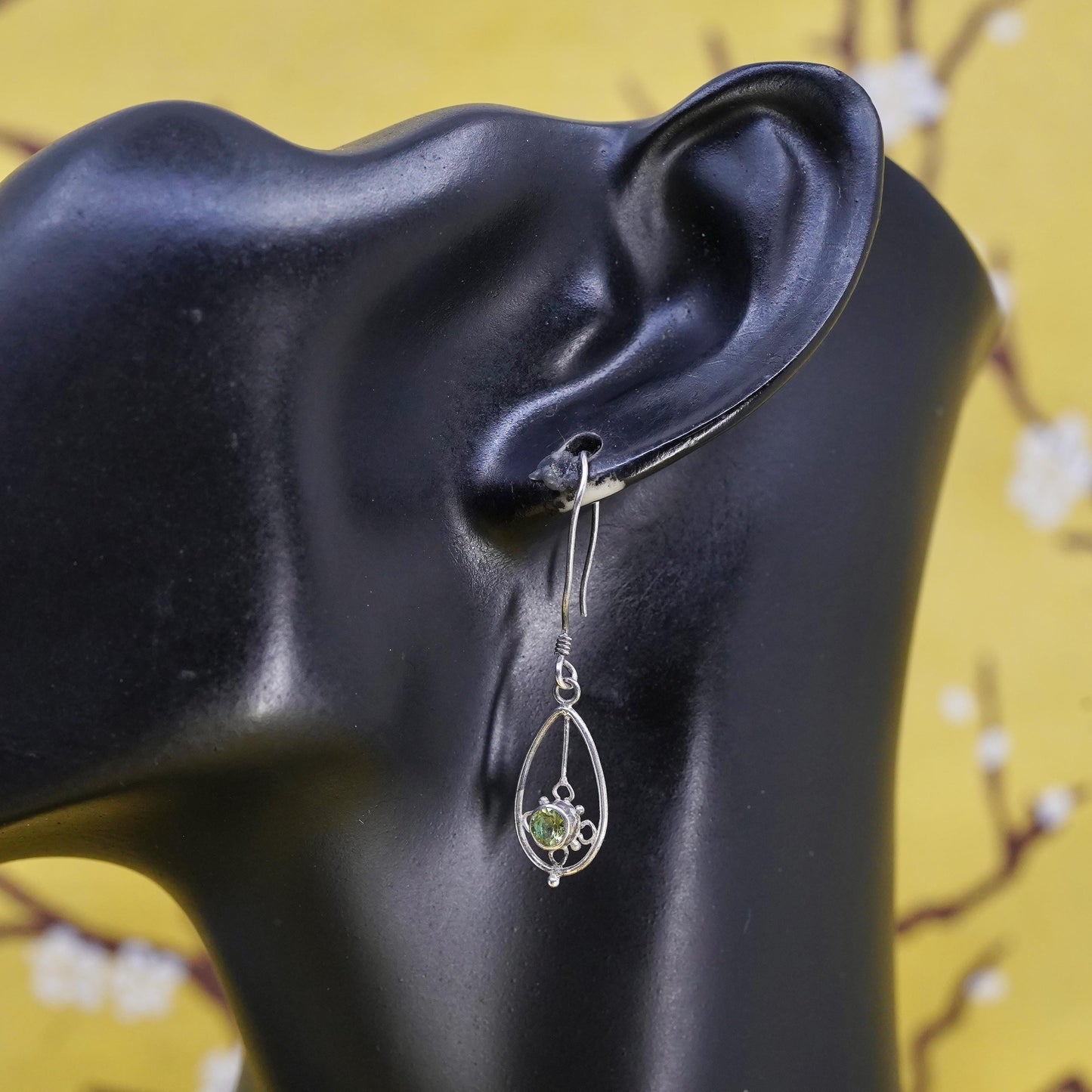 Vintage Sterling silver handmade earrings, 925 teardrop with peridot