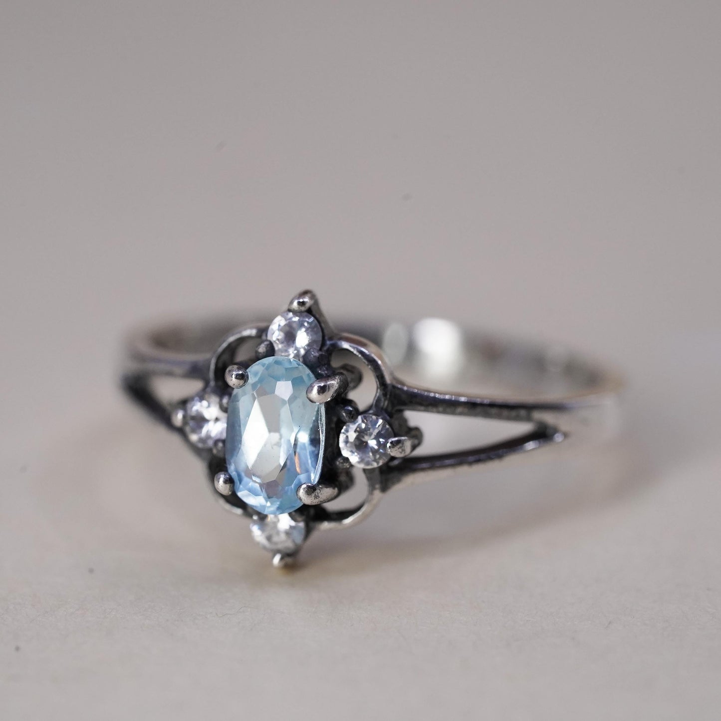 Size 6, vintage sterling silver handmade ring, 925 with blue topaz