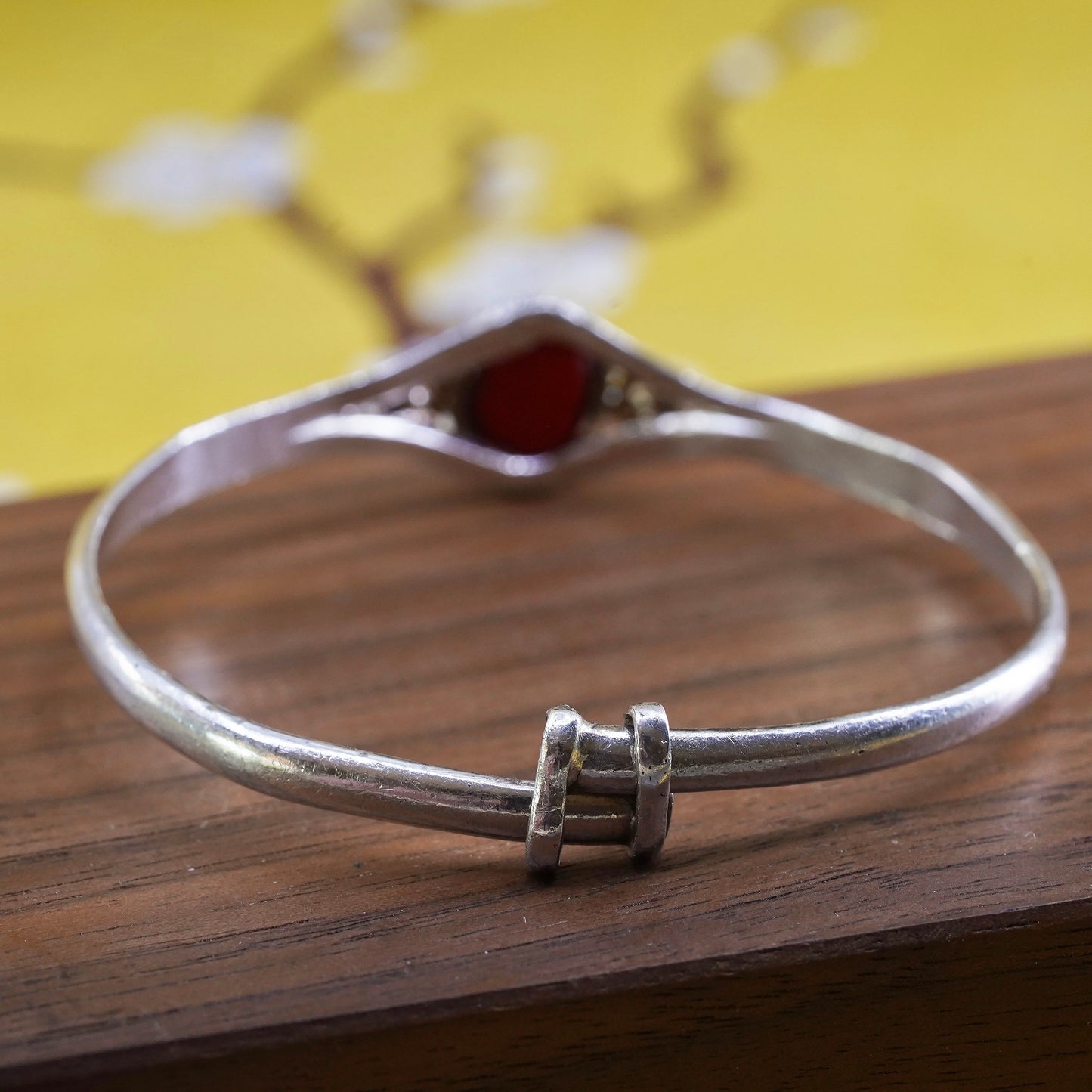 Vintage Sterling silver handmade bracelet, 925 baby bangle with carved cinnabar