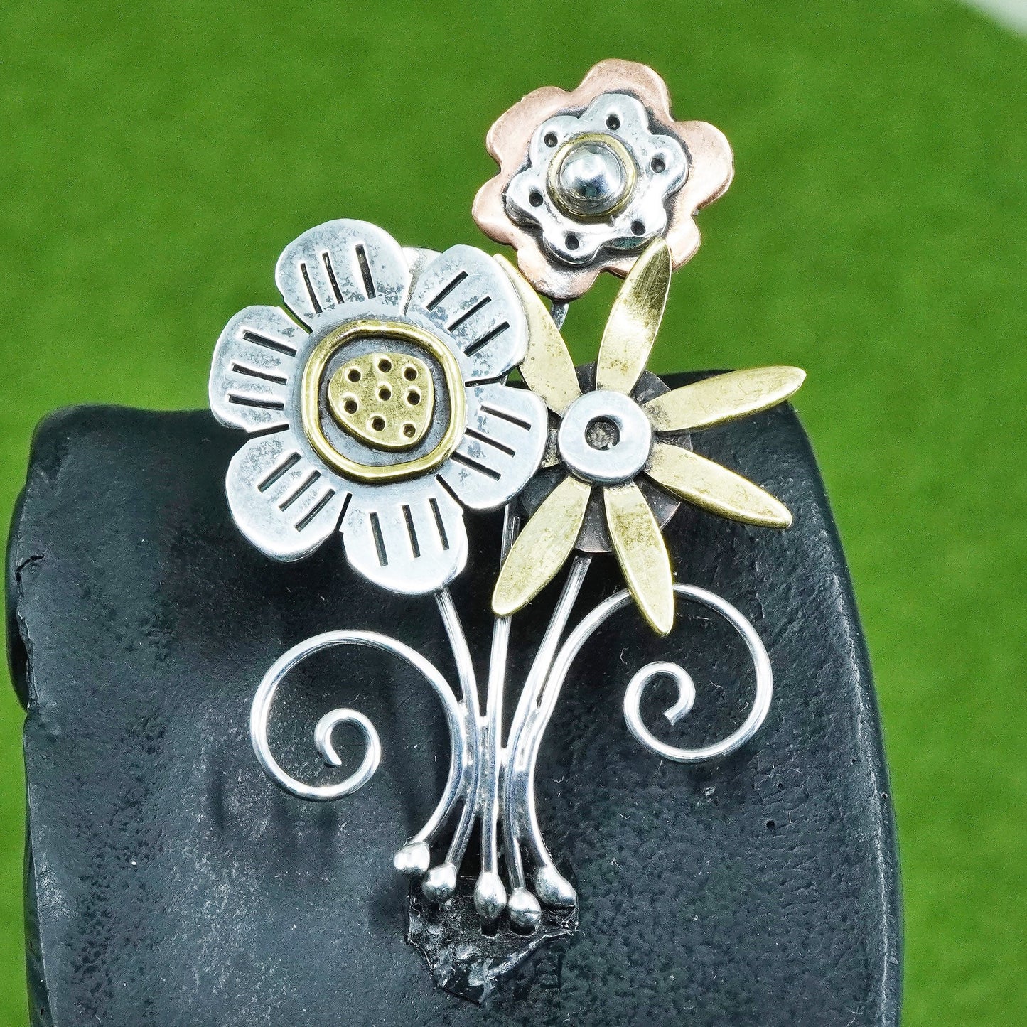 triple tone Sterling silver handmade brooch, 925 flower pin with brass brass