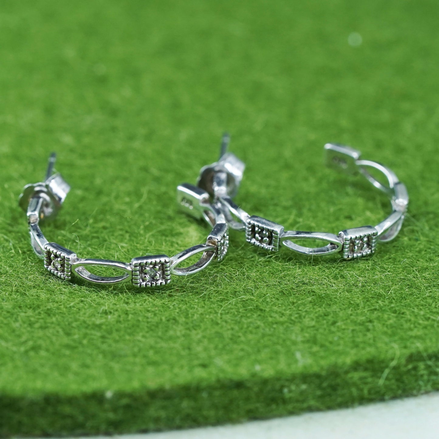 0.75", Vintage sterling silver earrings, 925 silver huggie with genuine diamond