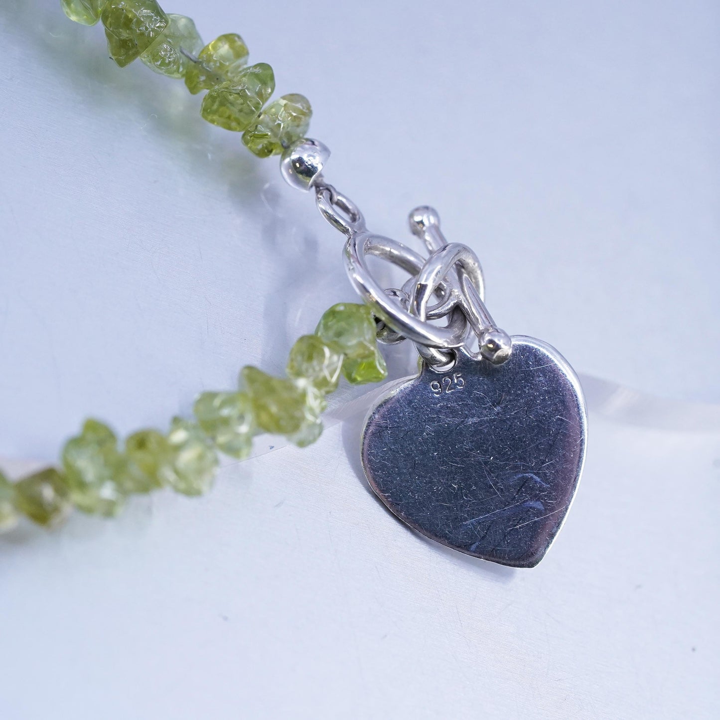 6.75", Sterling 925 Silver peridot Bead Bracelet heart charm toggle closure