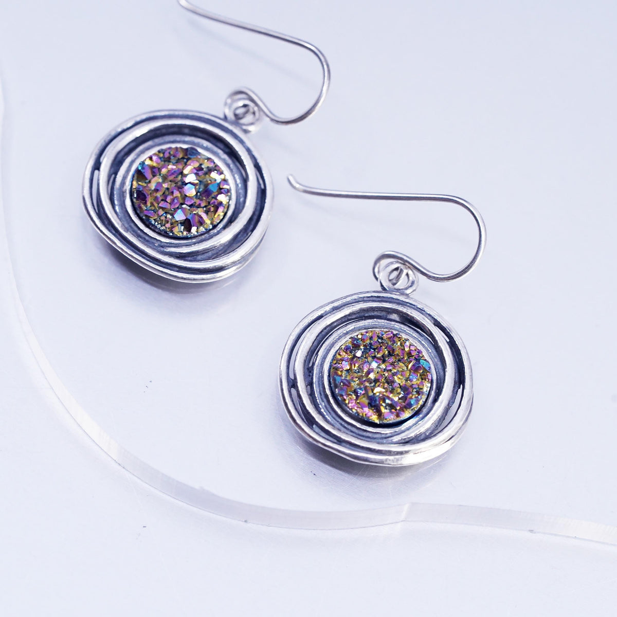 Vintage PZ Paz Israel Sterling Silver 925 disc earrings druzy rainbow pyrite
