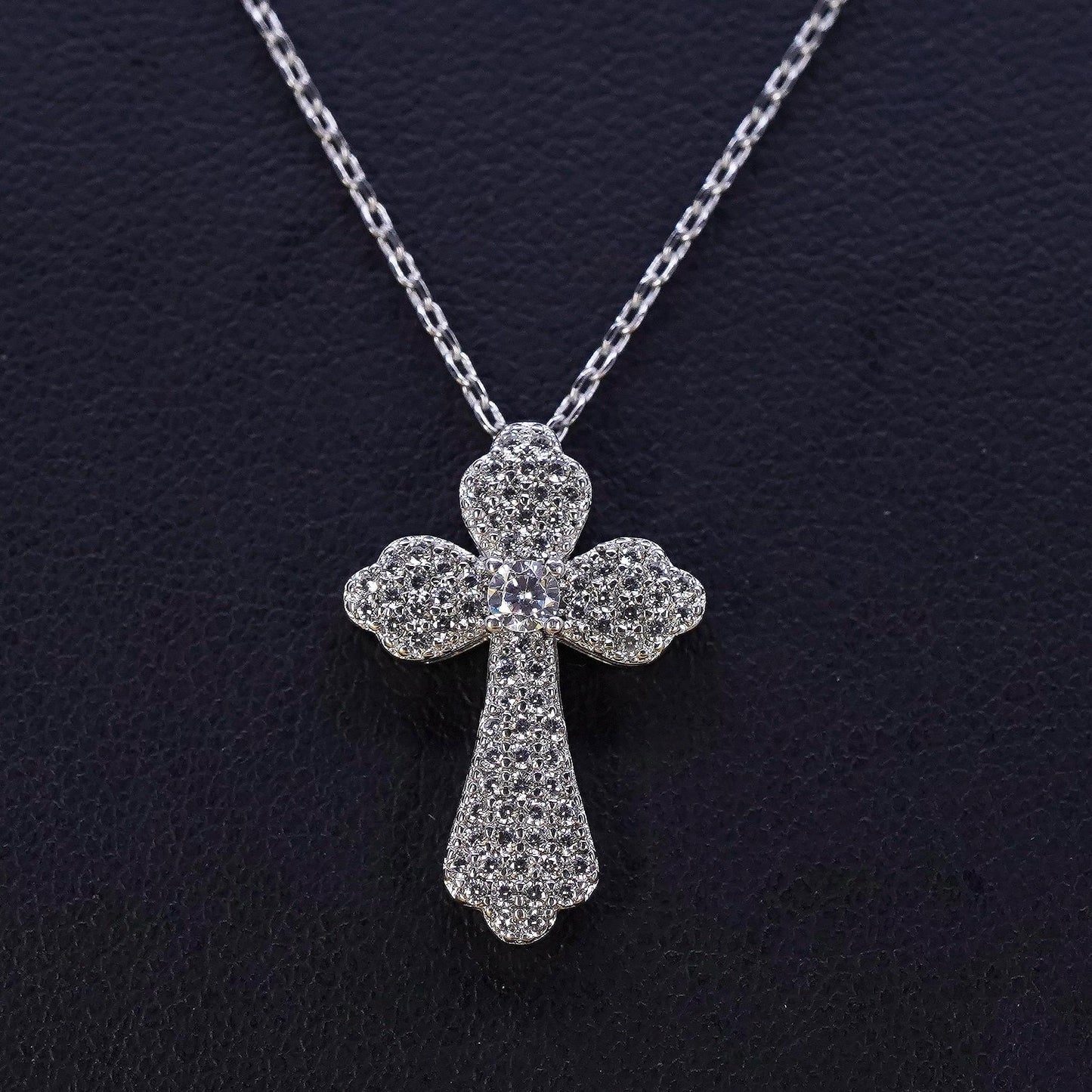 18”, Sterling silver necklace, 925 silver circle chain cluster cz cross pendant