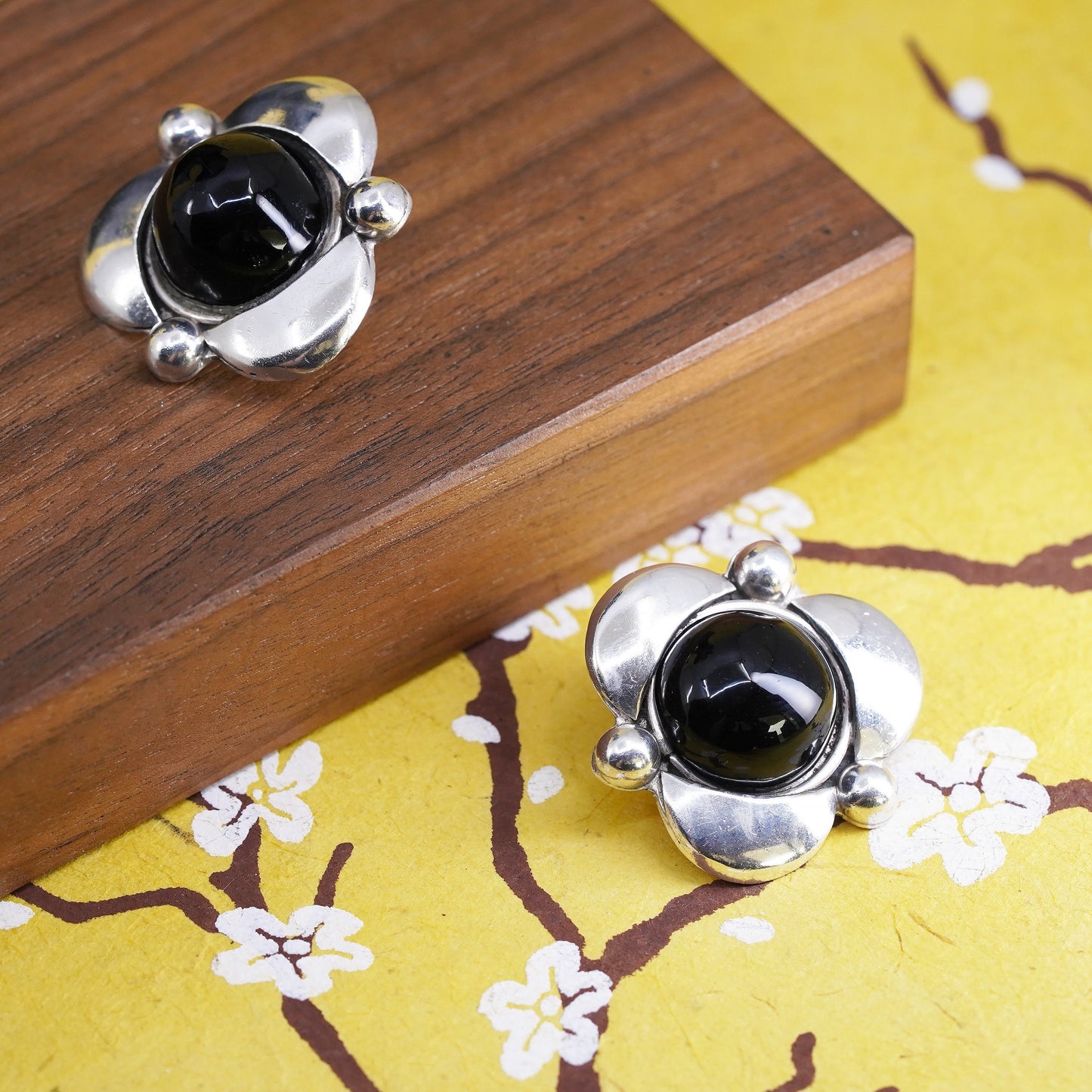 Mexican Sterling silver earrings, studs, huge 925 floral studs with black onyx