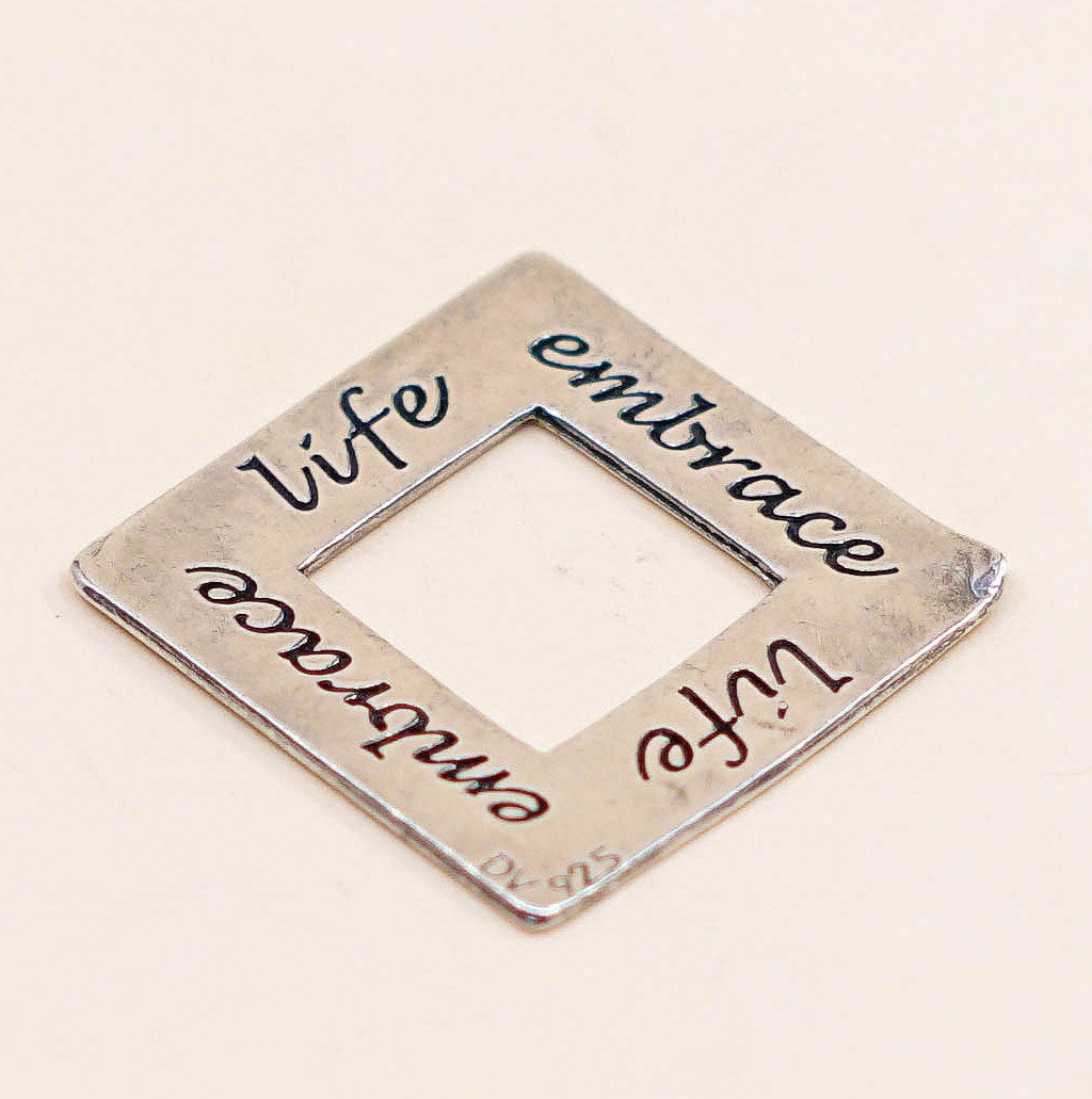 vtg Sterling silver handmade pendant, Hammered 925 square embossed embrace life