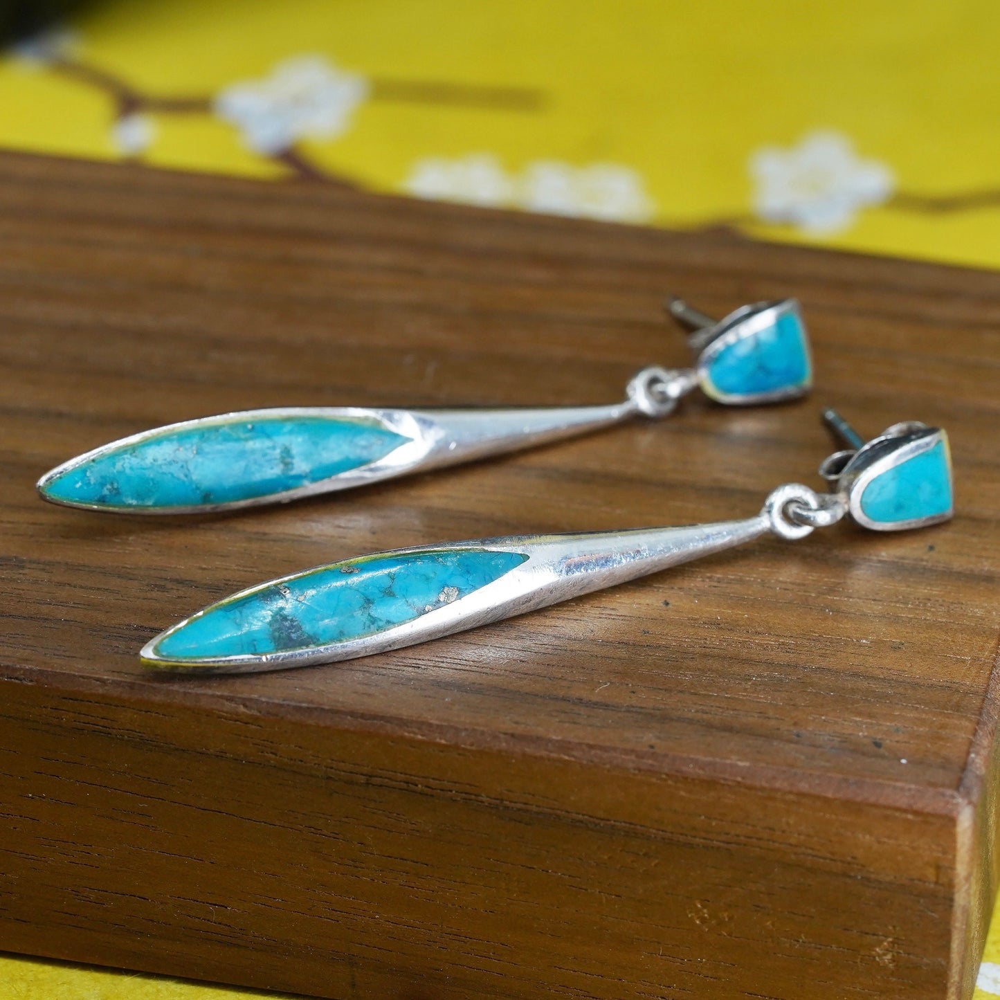 Vintage southwestern Sterling silver 925 handmade long earrings with turquoise